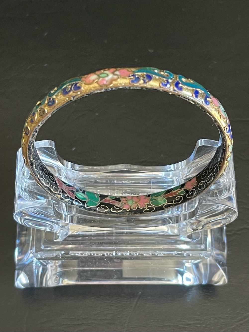 Chinese Enamel Floral Cloisonné Bangle Bracelet in Black, Green & Pink
